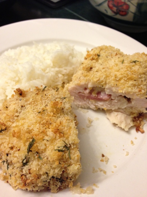Baked Chicken Cordon Bleu with fresh thyme coating